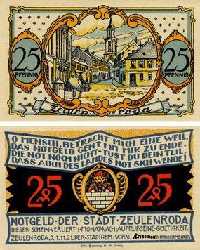 Banknote Germany Notgeld 25 pfennig 1921 F-VF Zeulenroda