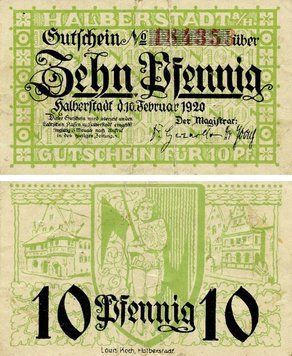Banknote Germany Notgeld 10 pfennig 1920 F-VF Halberstadt Variety 2