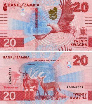 Banknote Zambia 20 Kwacha 2024 (2025) UNC Eagle Antelopes Chisimba Falls (PW63)