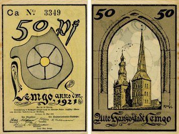 Banknote Germany Notgeld 50 pfennig 1921 F-VF Lemgo Variety 1