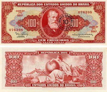 Banknote Brazil 10 centavos 1966-1967 UNC Stamp on 100 Cruzeiro banknote (P185)
