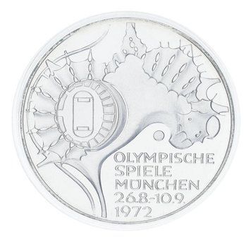Монета Німеччина 10 марок 1972 Срібло Proof XX літні Олімпійські ігри в м. Мюнхен - Стадіон (Ag 625, 15,5 грама) М23327 фото