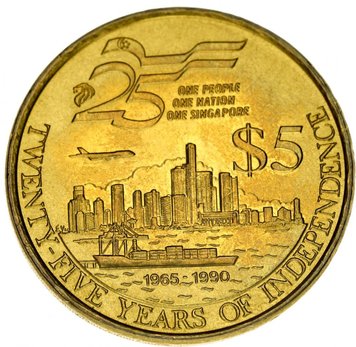 Singapore $ 5 1990 VF-AU 25 Years of Independence (KM # 94)