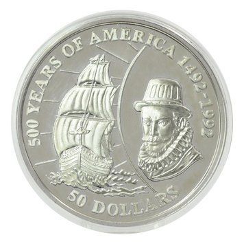 Монета Острови Кука 50 доларів 1993 Срібло Proof 500 років Відкриттю Америки &ndash; Джон Гокінс М22637 фото