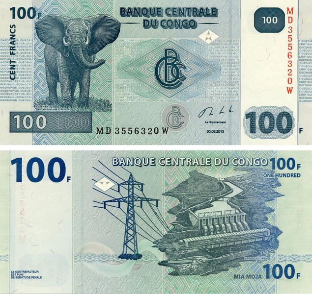 Democratic Republic of the Congo 100 francs 2013 UNC Elephant (P98b)