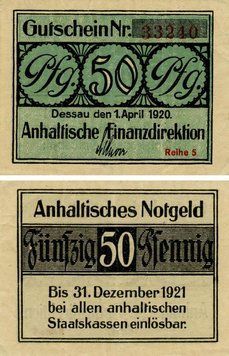 Banknote Germany Notgeld 50 pfennig 1920 F-VF Dessau Variety 2