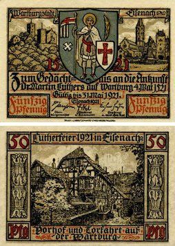 Banknote Germany Notgeld 50 pfennig 1921 F-VF Eisenach Variety 2