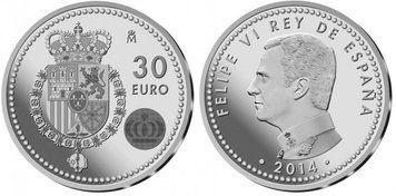 Іспанія 30 євро 2014 &laquo;Король Філіп VI&raquo; Срібло UNC (KM#1331) М02938 фото