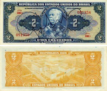 Banknote Brazil 2 Cruzeiro 1944 AU-UNC Handwritten signature on banknote (P133)