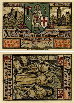 Banknote Germany Notgeld 50 pfennig 1921 F-VF Eisenach Variety 3