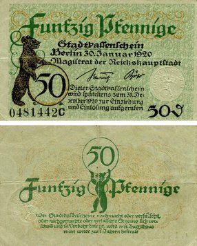 Banknote Germany Notgeld 50 pfennig 1920 F-VF Berlin Variety 1