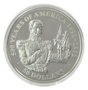 Монета Острови Кука 50 доларів 1990 Срібло Proof 500 років Відкриттю Америки &ndash; Сімон Болівар М22593 фото