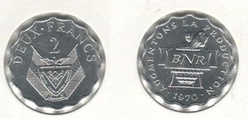 Rwanda 2 francs 1970 VF (KM # 10)