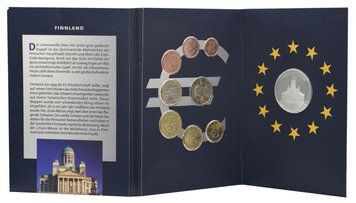 Набір монет Фінляндія набір з 9 монет євро 1999-2001 UNC 1, 2, 5, 10, 20, 50 євроцентів, 1, 2 євро, срібна медаль М20249 фото