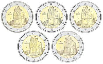 Набір монет Німеччина набір з 5 монет по 2 євро 2023 UNC A, D, F, G, J Гамбург Ельбська філармонія М17277 фото