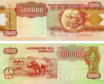 Angola 500,000 Kwanzaa 1991 UNC Rhinoceros (P134)