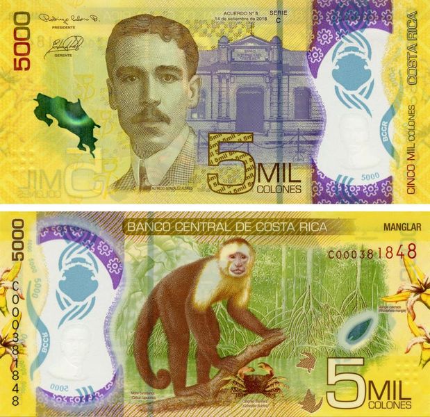 Costa Rica 5000 Colones 2018 (2020) Polymer UNC Monkey