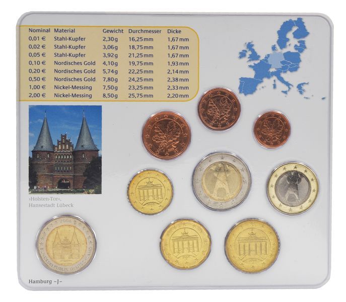 Набір монет Німеччина набір з 9 монет євро 2006 UNC J 1, 2, 5, 10, 20, 50 євроцентів, 1, 2 євро, пам'ятна 2 євро Блістер М23503 фото