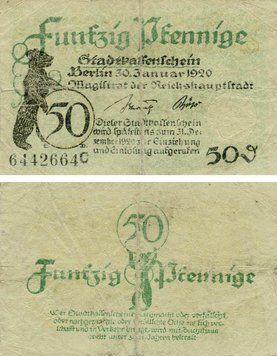 Banknote Germany Notgeld 50 pfennig 1920 G-VG Berlin Variety 1