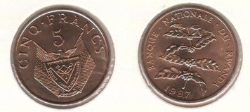 Rwanda 5 francs 1987 VF (KM # 13)