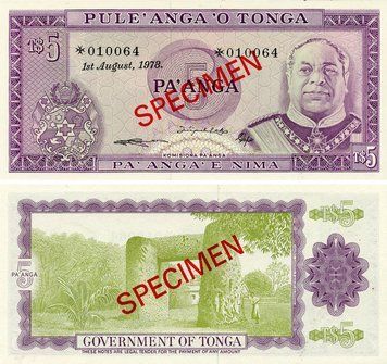 Банкнота Тонга 5 паанга 1978 UNC Specimen (P21s) Б24035 фото