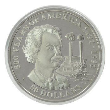 Монета Острови Кука 50 доларів 1990 Срібло Proof 500 років Відкриттю Америки &ndash; Марк Твен М22594 фото