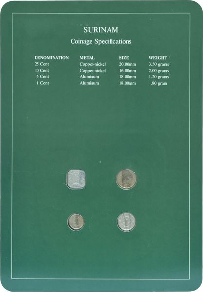 Суринам Набор монет 1980-1985 UNC 1, 5, 10, 25 центов и 1 марка в сувенирной упаковке М10711 фото