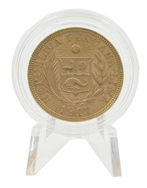 Coin Peru 1 libra 1917 Gold F-VF Truth Justice (Justice) (Au 917, 7.99 grams)