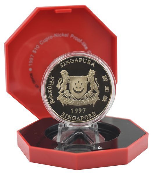 Монета Сингапур 10 долларов 1997 Proof-like Восточный календарь - Год быка в сувенирной упаковке М22529 фото