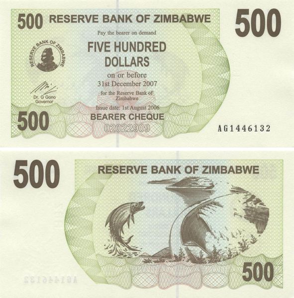 Zimbabwe 500 Dollars 2006 UNC Fish (P43)