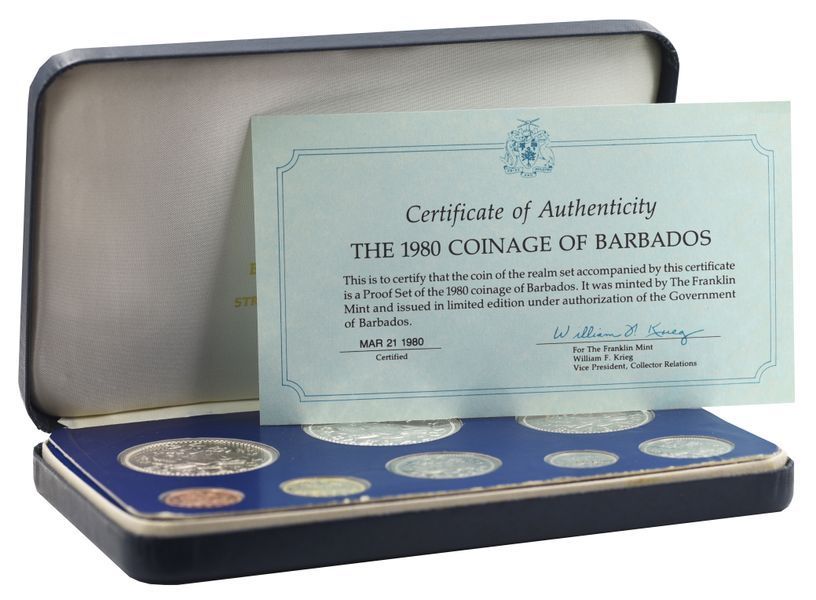 Набор монет Барбадос набор из 8 монет 1980 Proof 1, 5, 10, 25 центов, 1, 2, 5, 10 (серебро) долларов М23908 фото
