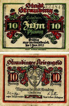 Banknote Germany Notgeld 10 pfennig 1918 F-VF Straubing