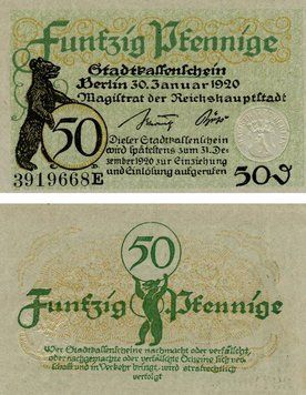 Banknote Germany Notgeld 50 pfennig 1920 F-VF Berlin Variety 2