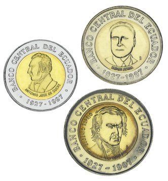Эквадор набор из 3 монет 1997 Биметалл UNC 70 лет Центральному банку 100, 500, 1000 сукре