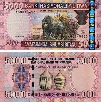 Руанда 5000 франков 2004 UNC Обезьяна - Горилла (P33) Б15974 фото