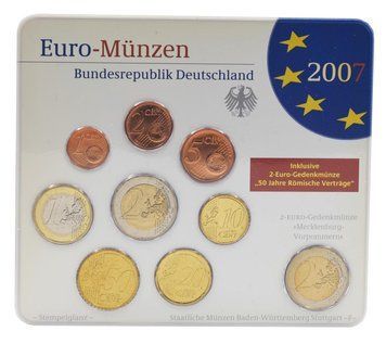 Набір монет Німеччина набір з 9 монет євро 2007 UNC F 1, 2, 5, 10, 20, 50 євроцентів, 1, 2 євро, пам'ятна 2 євро Блістер М23505 фото