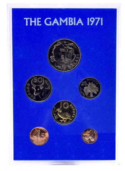 Gambia set of 6 coins 1971 Proof-like 1, 5, 10, 25, 50 butut, 1 dalasi Souvenir